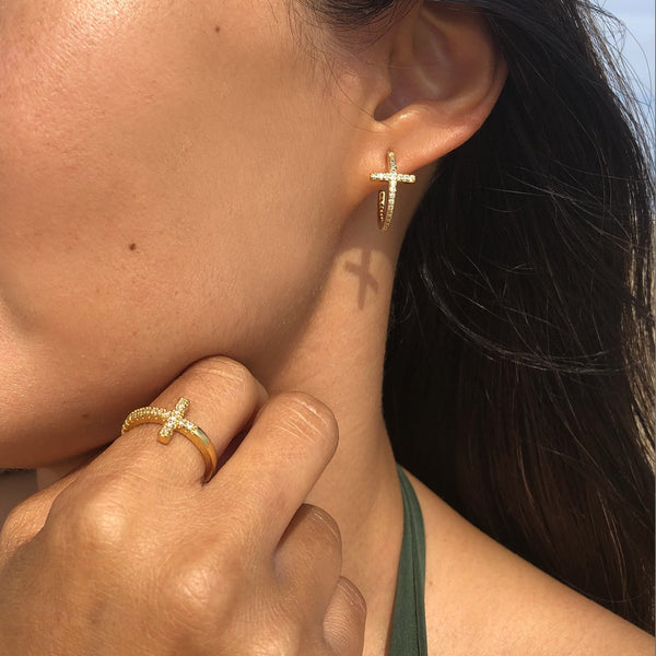 Cornerstone Cross Hoop Earrings & Ring Set - Gold