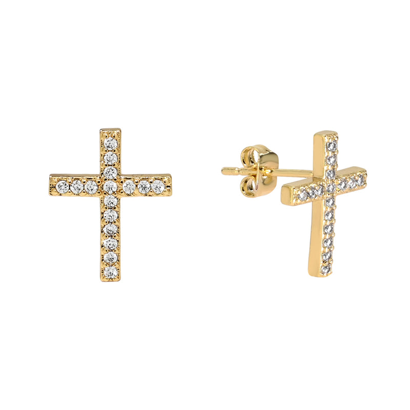 Yellow Gold Jesus Christ Cross Crucifix Stud Earrings Push Back