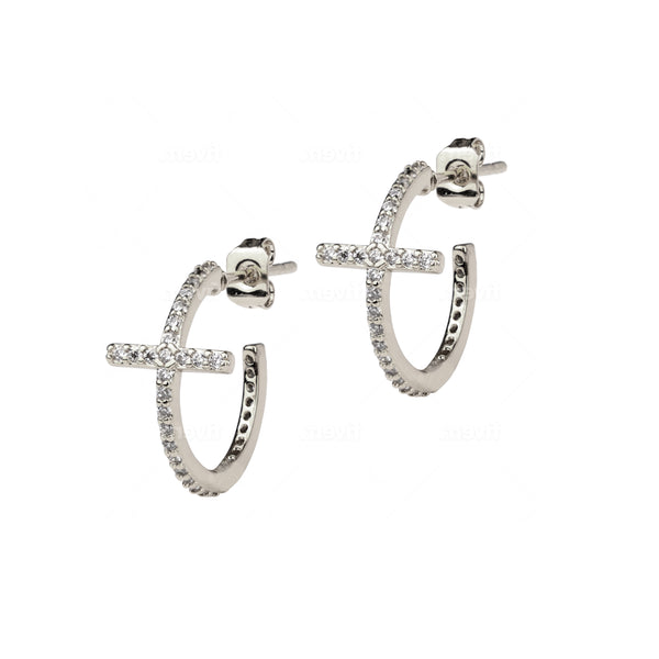 Cornerstone Cross Hoop Earrings - Silver