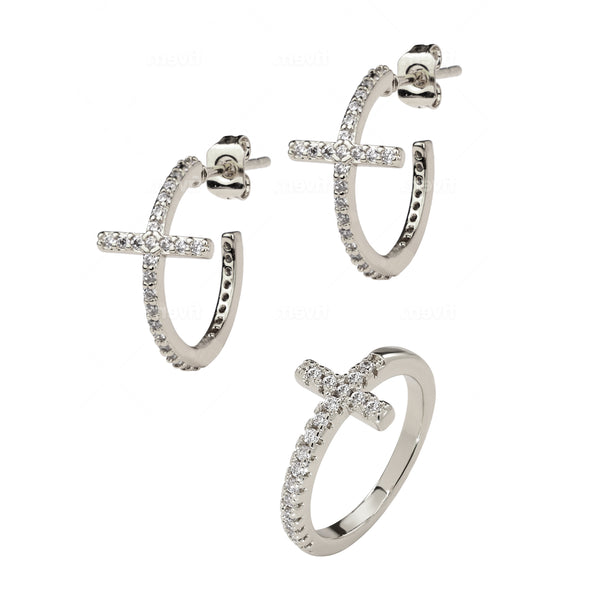 Cornerstone Cross Hoop Earrings & Ring Set - Silver